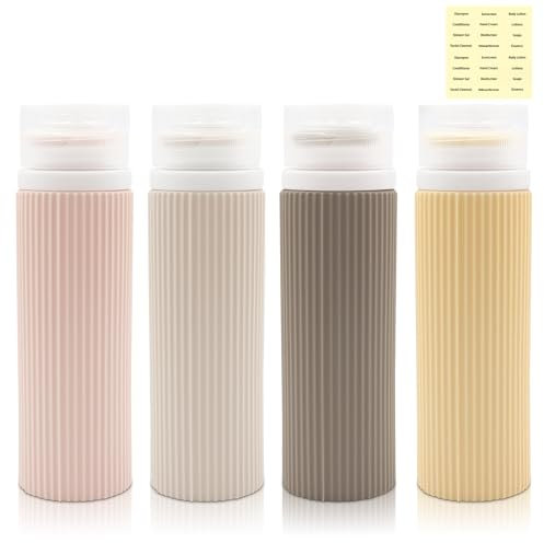 Flacons de Voyage,Ensemble de 4 Flacons de Voyage de 100 ml Avec Etiquettes, Accessoires de Voyage EnSilicone - Bouteilles de Voyage en Silicone Pour Shampooing,Lotions Pour le Corps(Marron)