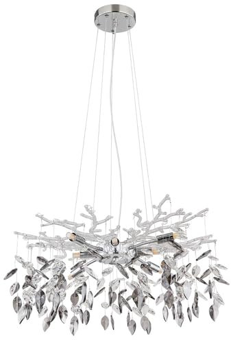 Pendelleuchte Hängelampe Kronleuchter Esszimmerlampe Wohnzimmerleuchte, Metall Chrom Glaskristalle rauchfarben, 8x G9, H 120 cm