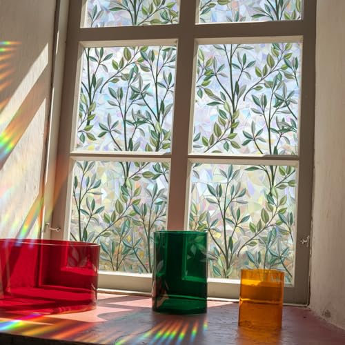 Fensterbilder Rebe Prisma Grün Blatt Pflanzen Fensteraufkleber Frühling Sommer Suncatcher Sticker Vogelschutz Prism Fenster Abziehbilder Vögel Anti Kollisions Aufkleber Sonnenfänger für Fensterglas