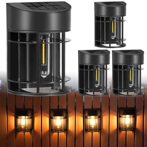 DERAYSION 4 Pack Solar Fence Lights Garden Outdoor Solar Powered with LED Bulbs,Waterproof Solar Outdoor Lights for Garden Fence Post Patio Backyard Decor