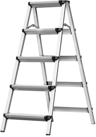 Miscoos Trittleiter, Aluminium Leiter, 5 Stufen klappbar, kleine beidseitig besteigbare, rutschfeste und stabile Haushaltsleiter, belastbar bis 150 kg, Silber