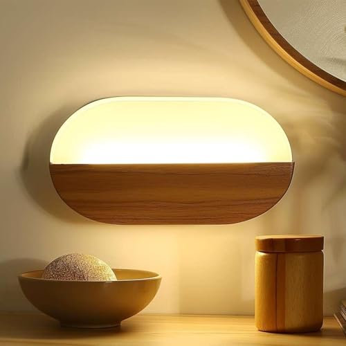 Pheashine Holz Wandleuchte Innen, Moderne LED Wandlampe, Ovaler Design, 3000K Warmweiß, Wandlampe aus Holz für Schlafzimmer, Wohnzimmer, Flur