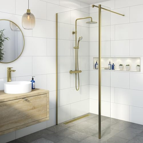 BAYSTONE® 900mm Wet Room Shower Screen Panel 8mm Toughened Safety Easy Clean Glass Walk in Shower Enclosure + Fixed Return Panel, Frameless, Brushed Brass