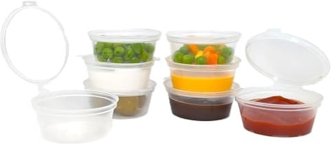 Sunrise Packaging 1000 x Reusable 2oz / 55ml Plastic Pots with Lids | Round Food Containers | Hinged Sauce Pots for Dips, Chutney, Sauces, Condiments, Crafts and Deli Pots
