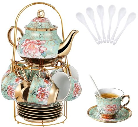 Tea Cup Set with Metal Holder and Saucer,20PCS European Ceramic Tea Sets for Adults,Flower Tea Cup Saucer Set of 6,700ML Teapot,160ML Teacup with Gold Flower Painting for Women Tea Party Wedding