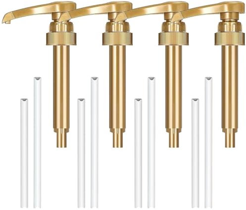 VIDSTW 4 Pièces Pompe Sirop Distributeur Sirop Pompe avec 4 Longue Paille et 4 Paille Courte Pompe a Sirop Réutilisable Distributeur Sirop Pompe Doseuse pour Maison, Café, Restaurant (Or)