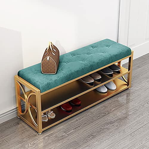 WLCNYL Luxuriöse, mit Samt gepolsterte Schuhbank, Moderne Sitzbank für den Eingangsbereich, Schuhregalbank mit goldenem Schuhregal, Schuhaufbewahrungsbank für den Flur, Grün 120x35x45cm (47x14x18Zo