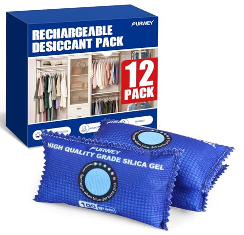 FURWEY 12 Pack Rechargeable Desiccant Packs, 100g Each, Blue, Color Indicating Silica Gel Dehumidifier Bags for Storage, Closets, Cars, Bins