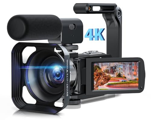 CAMWORLD 4K Videokamera 42MP Camcorder 18X Digitalzoom Webcam Video Kamera 3.0-Zoll 270° Rotation Vlogging-Kamera für YouTube mit Fernbedienung, 2 Batterien, 32GB SD Karte,Handstabilisator