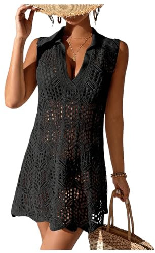 GORGLITTER Women's Hollow Out Sheer Collar V Neck Cover Up Dress Sleeveless Scalloped Beach Cover Ups Black Small