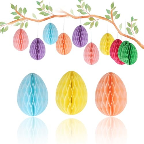 RYAN 14 Stück Ostereier zum Aufhängen aus Seidenpapier Ostereier Pappmache Wiederverwendbare Osteranhänger Farbig Ostereier Pappmache für Innen und Draußen Deko Frühling