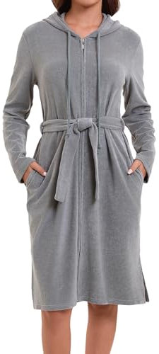 Mnamo Damen Kapuze Bademantel Reißverschluss Frottee mit Gürtel Weicher Mikrofaser Langarm Bademantel Ideal für Zuhause und Wellness Grau XXL