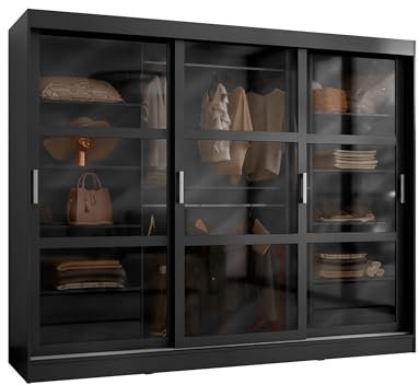 Mirjan24 Kleiderschrank Norlio mit Glastüren und Schubladen, Schwebetürenschrank mit Rauchglas, Schiebetürenschrank mit einlegeböden und Stange, Garderobe (Schwarz, ohne Beleuchtung)