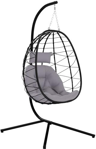 Outsunny Silla Colgante Huevo con Soporte Columpio Jardín Exterior con Cesta Plegable Cojín y Reposacabezas Columpio Colgante para Interior y Exterior Carga 120 kg Gris