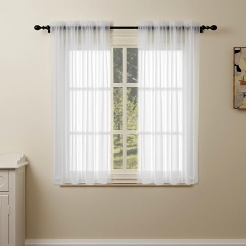 Pacok White Voile Curtains, 45 Drop 2 Panels Net Curtain for Windows, Rod Pocket Sheer Curtain Panel Voile Curtains for Living Room Kitcken Bedroom W56xL45 Inch(White, 142 x 114cm)