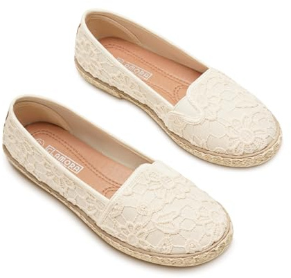 GLAMORA Alpargatas de Encaje con Suela de Esparto, Zapatos Planos Mujer Tipo Bailarinas Manoletinas Cómodas Slip On, Calzado Verano Ligero Transpirable Punta Redonda beige-38