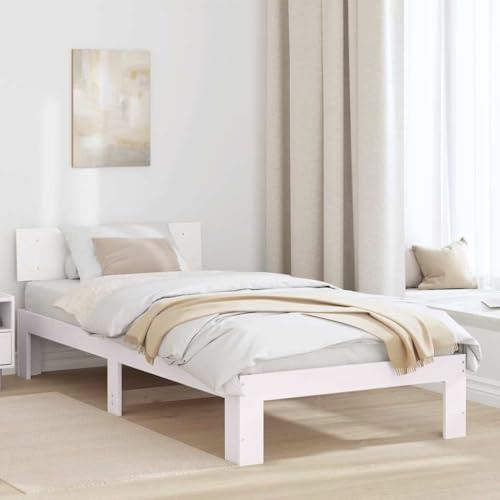vidaXL Bettgestell mit Kopfteil Weiß 100X200 cm Massivholz Kiefer Minimalistisches Design Indoor Stauraumlösung Einzel ohne Boxspring. Plattform Langlebiges Teen Bezug Erwachsenen Schlafzimmermöbel