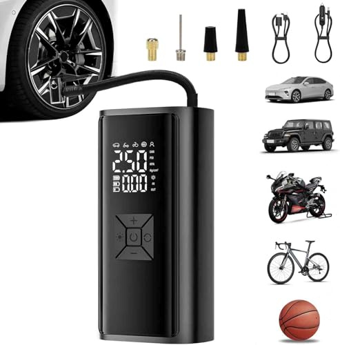 Cordless Tyre Inflator Air Compressor, Digital Portable DC 12V Car Tyre Pump for Car/Bike/Motorbike, Rechargeable Electric Air Pump with Preset Pressure 150PSI & LED Light & 4 Nozzles