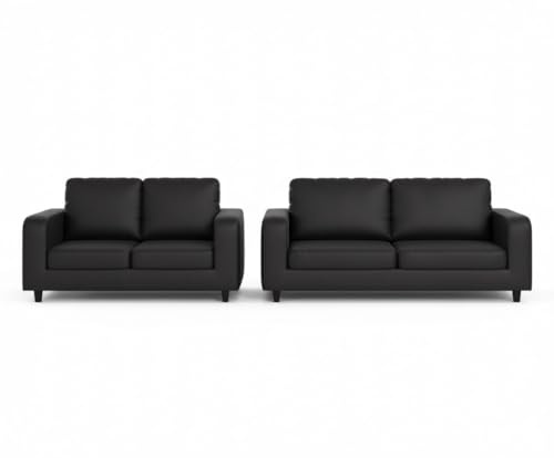 3+2 Seater Sofa Set Living Room Black Faux Leather Settee, Wooden Frame | Fully assembled 3+2 seater suite, foam cushions, wipe-clean faux leather, holds 320kg - ideal for family lounge & TV room