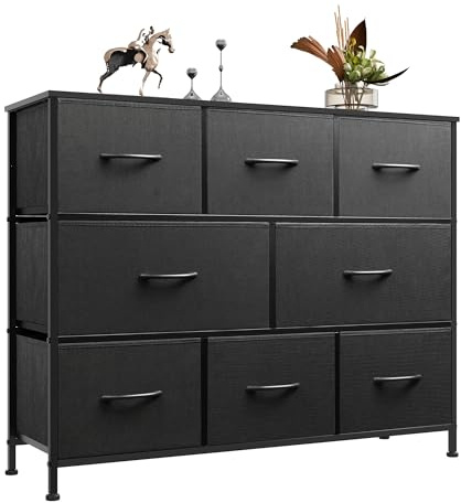 WLIVE Black Chest of Drawers, 8 Fabric Drawers Dresser Bedroom, Living Room | Easy Pull Handle, Wood Top and Sturdy Steel Frame, Large Storage Unit for Living Room, Easy to Assemble, Adjustable Feet
