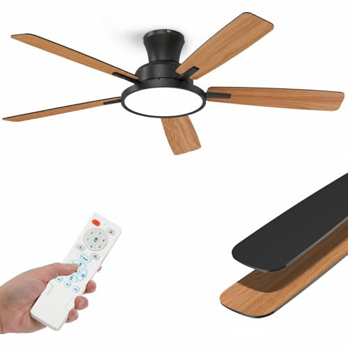 Taloya 52 Inch Ceiling Fan Lights with Remote Control, Nightlight, Modern Flush Mount Ceiling Fans for Bedroom Living Room, Quiet Reversible DC Motor, LED Dimmable, 3000-6500K, 6 Speeds, Timer, Black