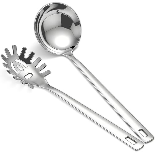 Berglander Stainless Steel Soup Ladle & Spaghetti Spoon, 2 Piece Soup & Stew Ladles with Pasta Server, Cooking Tools for Serving Soup, Sauce and Pasta, Dishwasher Safe