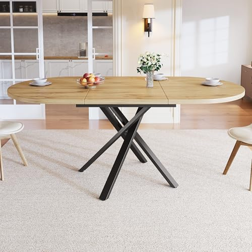Merax Ausziehbarer runder Esstisch, Oval Tisch für 4-6 Personen, Stabil X-Metallgestell, Verstellbare Metallbeine, für Wohnzimmer, Esszimmer, Küche, Büro, Garten, Holz-Optik/100-140 * 100 * 75.5cm