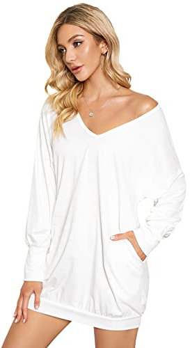 ZANZEA Damen V-Ausschnitt Lose Langarm Oberteile Oversize Lang Sweatshirt Tops Weiß M