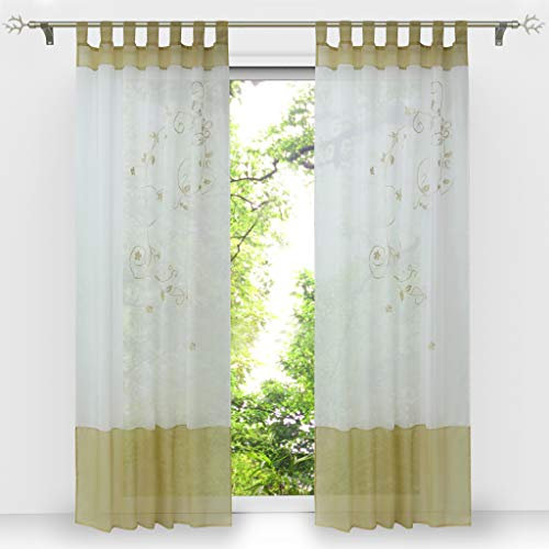 HongYa 1er-Pack Bestickte Gardine Transparenter Voile Vorhang Schlaufenschal H/B 225/140 cm Sand