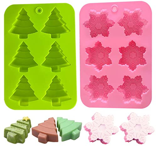 2 Pcs Silicone Moulds,Tree & Snowflake Chocolate Moulds,12-Cavity Chocolate Candy Cake Muffin Jelly Baking Moulds,Soap Wax Melt Moulds for Home Party Xmas Moulds Cake Decoration Gift DIY