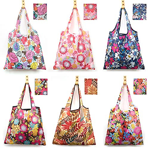 XonyiCos 6 Pcs Reusable Grocery Bag, Foldable Eco-Friendly Shopping Bags, Lightweight Washable Ripstop Nylon Large Tote Bag (Shiny Flowers)