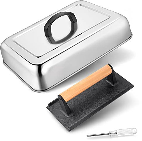 Joyfair Backabdeckung mit Grillpresse, 33 cm rechteckige Käse-Schmelzkuppel und Gusseisen-Burgerpresse für drinnen und draußen, Grillzubehör für flache Oberseite/Teppanyaki, spülmaschinenfest