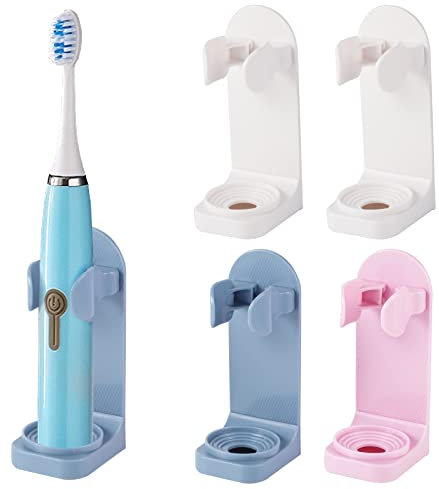 4 Pack Electric Toothbrush Holder, Self-Adhesive Toothbrush Stand Organizer Wall Mounted Universal Toothpaste Storage for Bathroom (Pink+Blue+White)