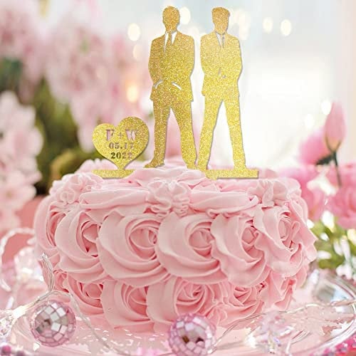 Gay Couple Wedding Cake Toppers Glitter Gold Love Gay Two Men Beach Wedding Cake Topper Silhouette Wedding Party Supplies Custom Couple Names Est Date Men Marriage Gifts