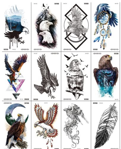 Freesiom Tatouage Ephemere Femme Homme,10pcs Etanche Temporaire Sexy Plume Aigle Fesse Dos Cheville Poitrine Bras Cuisse Permanent Kit Tatoo Cadeau Anniversaire Autocollants