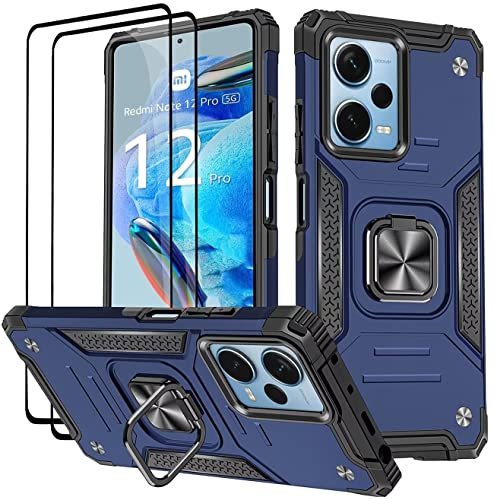KANSi Funda para Xiaomi Redmi Note 12 Pro 5G / Poco X5 Pro 5G, Cristal Vidrio Templado [2 Piezas] Capa Anillo iman Soporte Hard PC y Silicona TPU Antigolpes Armor Carcasa - Azul