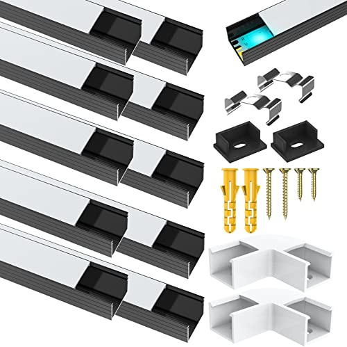 Jirvyuk 10 Stück LED Aluminium Profil für Philips Hue Lichtstreifen etc., U-förmiger Kanal, schwarzer Diffusor mit milchig weißer Abdeckung innen, Endkappen und Montageclips aus Metall