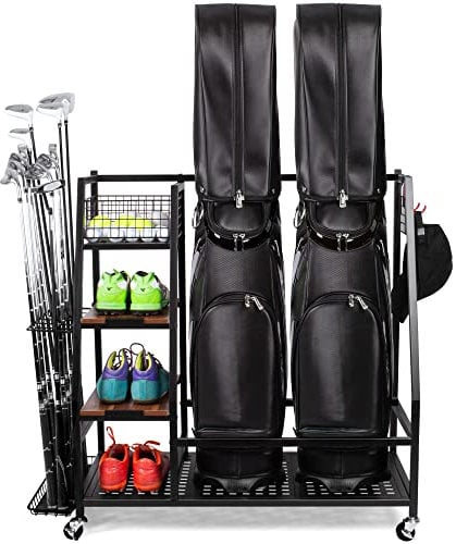 Sttoraboks 2 Golftaschen Aufbewahrung Garage Organizer, Golftaschenregal passend für 2 Golftaschen und Golfausrüstungszubehör, Golfschläger-Aufbewahrungsständer mit Holzregal und abschließbaren Rädern