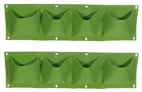 sourcing map Vertical Hanging Grow Bag with 4 Pockets, Wall Mounted Felt Fabric Flowerpot Bag Plant Container for Garden Home Decoration, Green 2 Pack