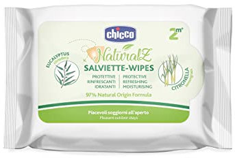 Chicco NaturalZ Lingettes de protection, 20 pièces, protection naturelle pendant la saison d'été, avec citronnelle et eucalyptus, protection jour et nuit
