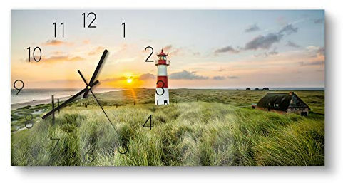 DEQORI Glasuhr | vertikal 60x30 cm | Motiv Leuchtturmliebe | große XXL Design Uhr aus Glas | leise Wanduhr für Wohnzimmer & Küche | moderne Hingucker Uhr für die Wand