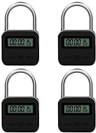 ZIUTPDAX Lot de 4 cadenas, minuteur en métal, écran LCD, temps électronique multifonction, 99 heures, minuteur rechargeable par USB, noir