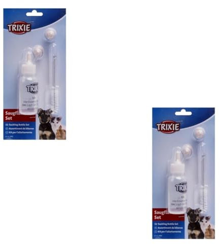 TRIXIE Saugflaschen-Set | Doppelpack | 2 x 57 ml | Zur Unterstützung von neugeborenen Tieren und Tierwaisen mit Flüssigkeit und Nahrung | Mit Flaschenbürste und 3 Silikon-Saugern