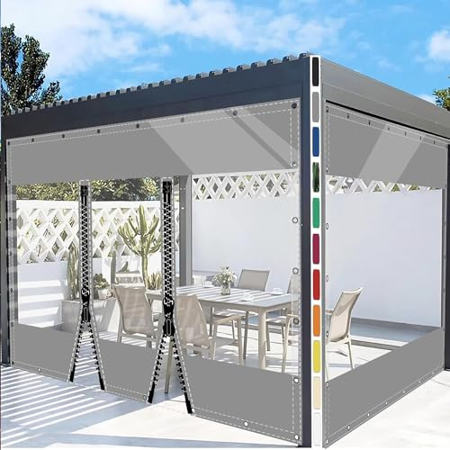 SDLLG Transparente Trennvorhänge mit Ösen, PVC Outdoor Planenvorhänge 0,5mm Klar Seitenplane für Pavillons, Pergola, Balkon e, Gärten, Garage,Vorbau 2.5x2.8m(HxL) Grau mit 2 Reißverschlüsse