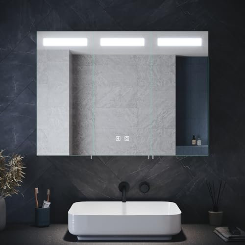 ELEGANT Illuminated Bathroom Cabinet with Mirror Large Wall Mounted Mirror Cabinet with Bluetooth, Shaver Socket, Dimmer, Touch Switch 900 x 650mm