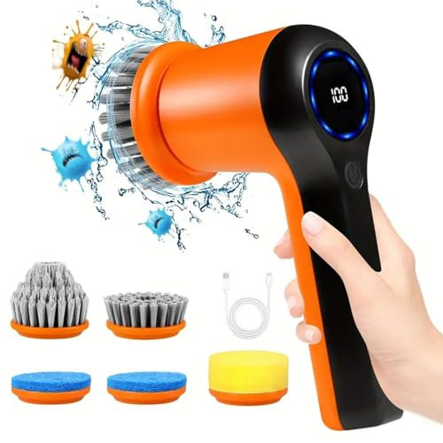 GRUTTI Spazzola Elettrica per Pulizia, Spazzola Rotante Pulizia Casa Senza Fili con 5 testa di spazzola, 2 Velocità, IPX7 impermeabil,display a LED, per Bagno, Cucina, Pavimento, parete, piastrelle