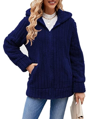 Yeenily Cappotto Donna con Cappuccio Manica Lunga Cerniera Caldo Giacca Casuale Sciolto Peluche Outerwear(Blu Scuro,L)