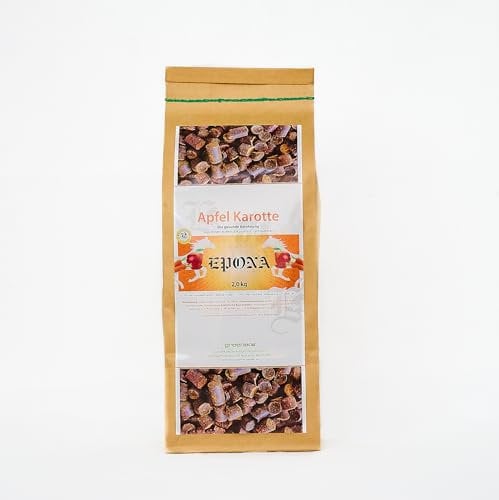 Original EPONA Apfel Karotte Leckerli Tüte, speziell für Pferde, bestehen aus reinem Apfel sowie einem Anteil von 20% Karotte- sind getreidefrei und besonders lecker.