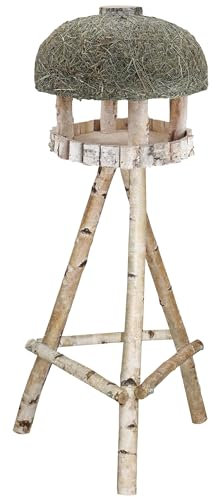 Dehner Natura Futterhaus Amberg, Vogelhaus mit Heudach für Wildvögel/Gartenvögel, inkl. Ständer, 145 x 60 x 60 cm, Birkenholz/Heu