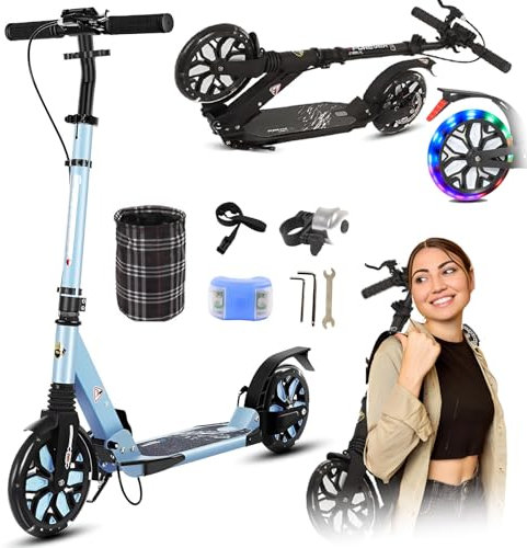 GHBXJX City Roller Erwachsene LED 200mm Big Wheel Scooter, Klappbar Cityroller mit Handbremse, Tretroller Kinder Jahre Mädchen Jungen Teenager, Kickscooter Kinder Scooter Cityroller,Blau